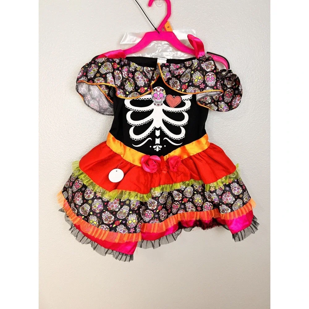 Halloween Light Up Sugar Skull Fancy‎ Dress Costume Girl's Child Size M 8-10 New